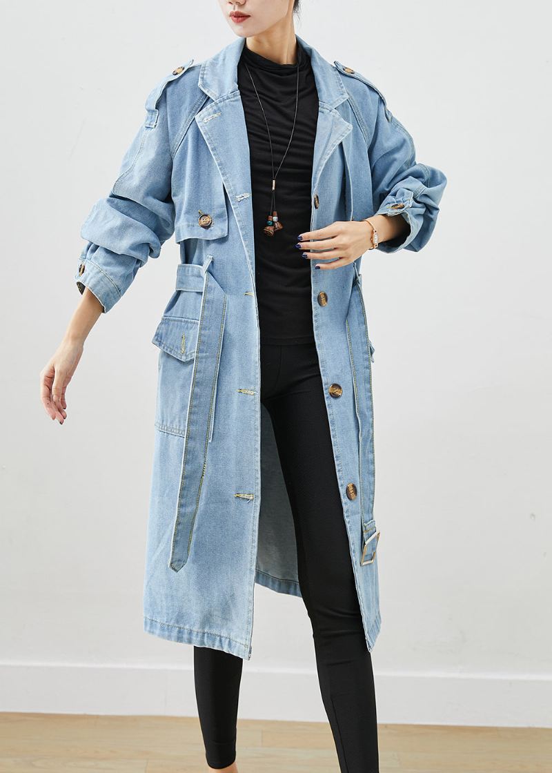 Italiensk Lyseblå Hakk Tie Midje Denim Trench Coat Fall