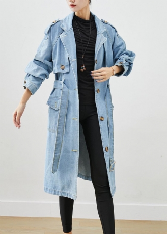 Italiensk Lyseblå Hakk Tie Midje Denim Trench Coat Fall