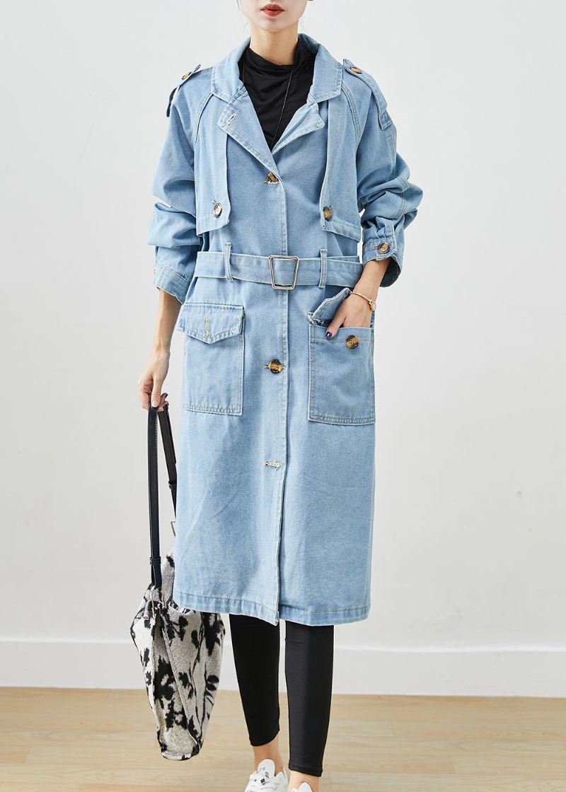 Italiensk Lyseblå Hakk Tie Midje Denim Trench Coat Fall - Trenchcoats for kvinner