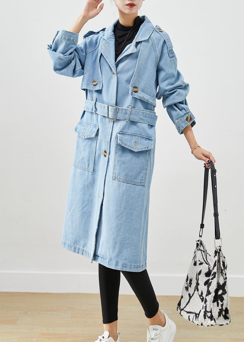 Italiensk Lyseblå Hakk Tie Midje Denim Trench Coat Fall - Trenchcoats for kvinner