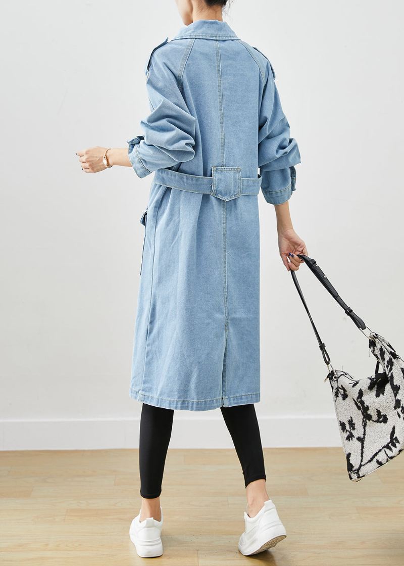 Italiensk Lyseblå Hakk Tie Midje Denim Trench Coat Fall - Trenchcoats for kvinner