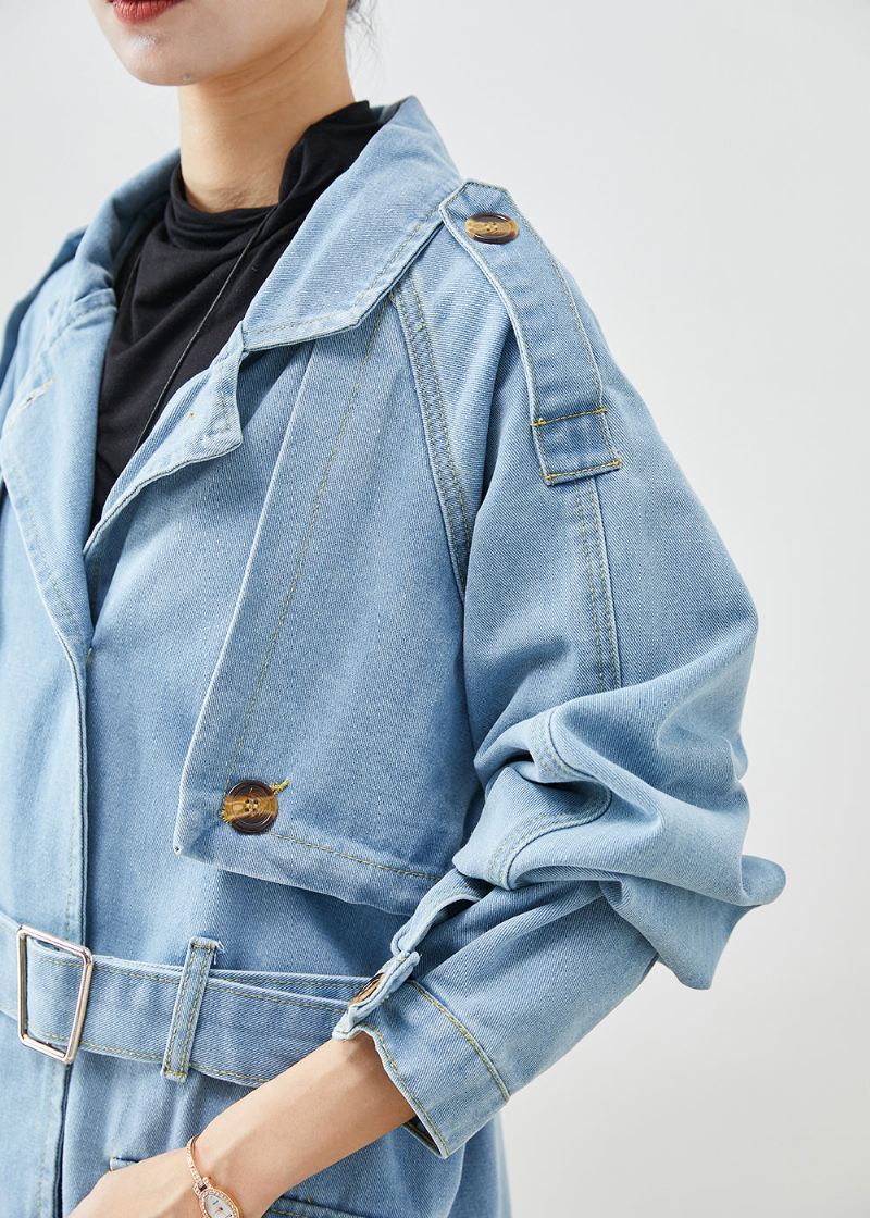 Italiensk Lyseblå Hakk Tie Midje Denim Trench Coat Fall - Trenchcoats for kvinner