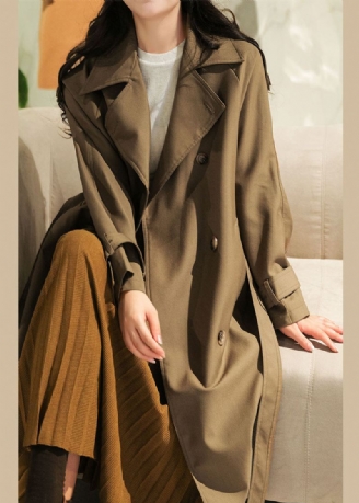 Italiensk Sjokolade Peter Pan Krage Dobbel Bryst Sashes Cotton Trench Coat Fall