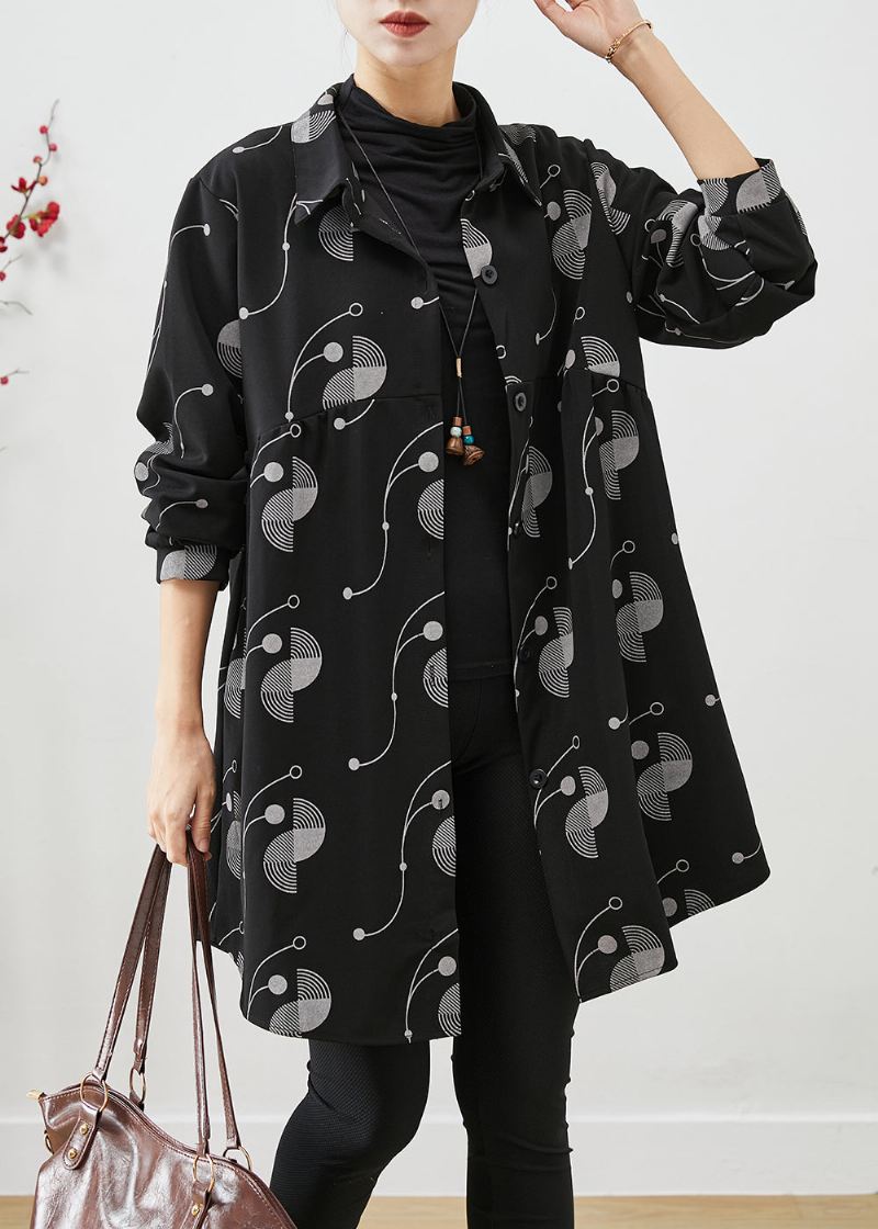 Italiensk Svart Oversized Print Cotton Trench Fall