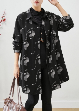 Italiensk Svart Oversized Print Cotton Trench Fall