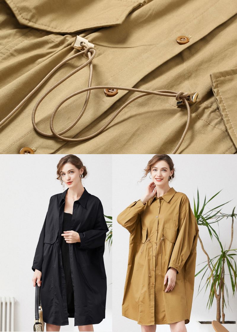 Khaki Cotton Løs Trench Peter Pan Krage Snøring Fjær - Trenchcoats for kvinner