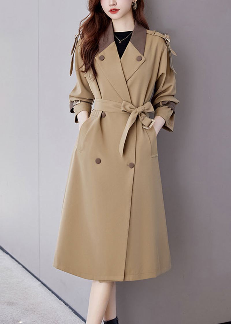 Khaki Lommer Patchwork Bomull Trench Coat Utskårne Lange Ermer - Trenchcoats for kvinner