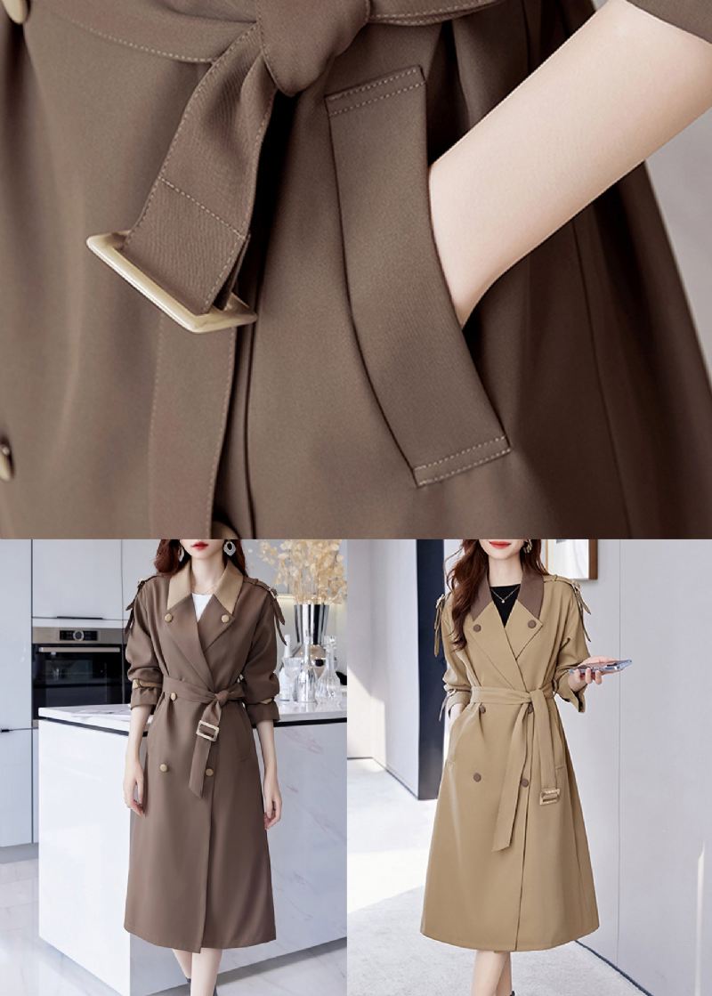 Khaki Lommer Patchwork Bomull Trench Coat Utskårne Lange Ermer - Trenchcoats for kvinner