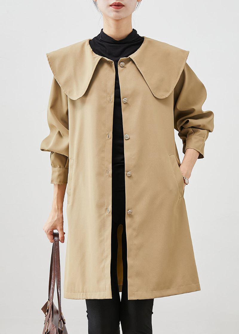 Khaki Oversized Cotton Coat Trench Peter Pan Krage Fall - Trenchcoats for kvinner