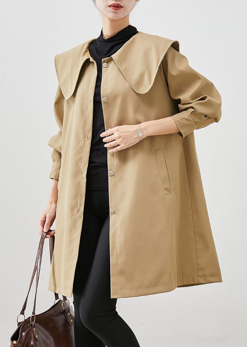 Khaki Oversized Cotton Coat Trench Peter Pan Krage Fall - Trenchcoats for kvinner