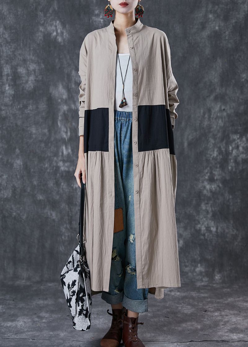 Khaki Patchwork Cotton Trench Coats Stand Collar Spring - Trenchcoats for kvinner