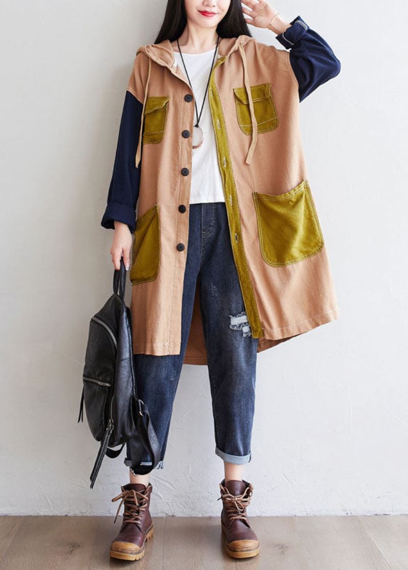 Khaki Patchwork Lin Frakk Oversized Snøring Spring - Trenchcoats for kvinner