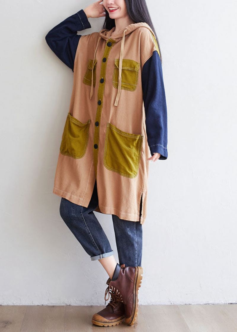 Khaki Patchwork Lin Frakk Oversized Snøring Spring - Trenchcoats for kvinner