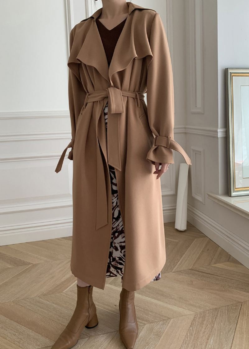 Khaki Peter Pan Krage Tie Midje Trench Coats Langermet - Kaki