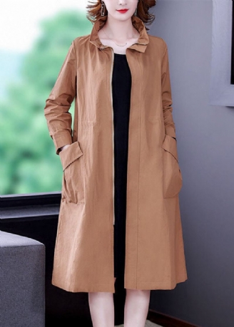 Khaki Solid Silk Trench Snøring Med Glidelås Med Lange Ermer