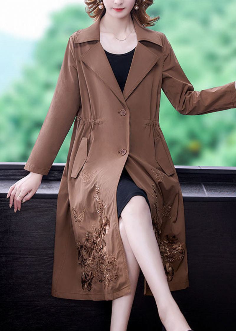 Khaki Solid Spandex Cinch Trench Coat Hakk Krage Fall - Kaki