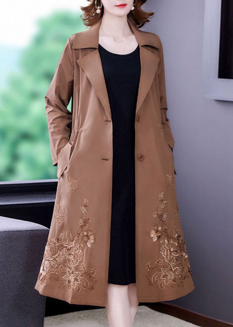 Khaki Solid Spandex Cinch Trench Coat Hakk Krage Fall - Kaki