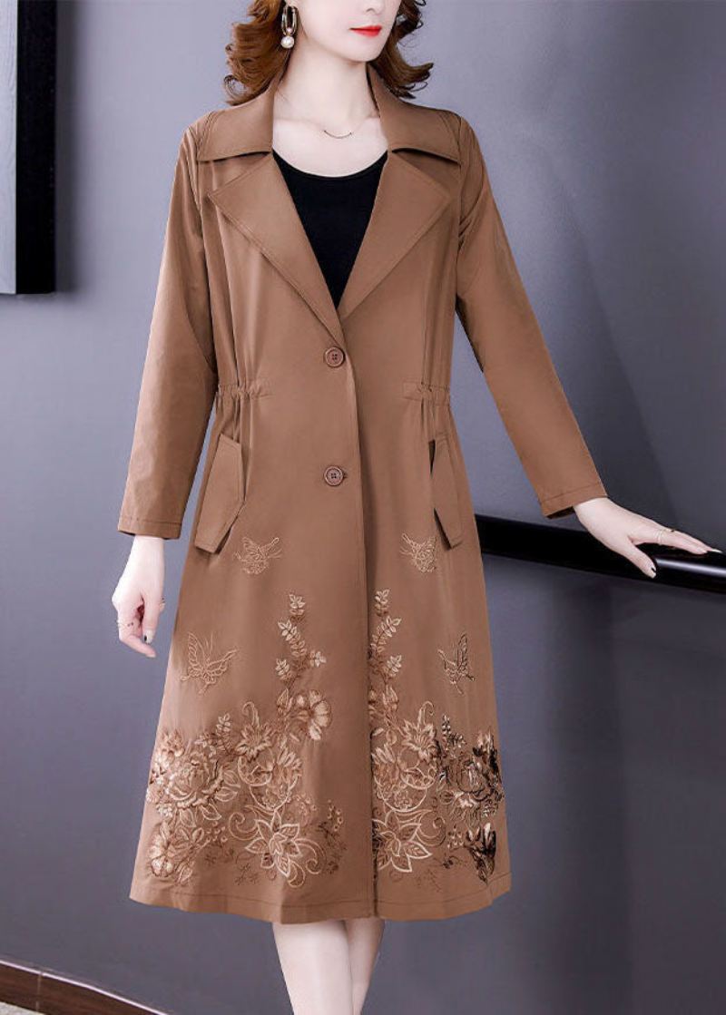 Khaki Solid Spandex Cinch Trench Coat Hakk Krage Fall - Kaki