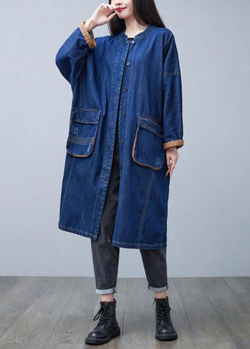 Klassisk Blå Stativ Krage Overdimensjonerte Lommer Bomull Denim Trenchcoat Vår - Trenchcoats for kvinner