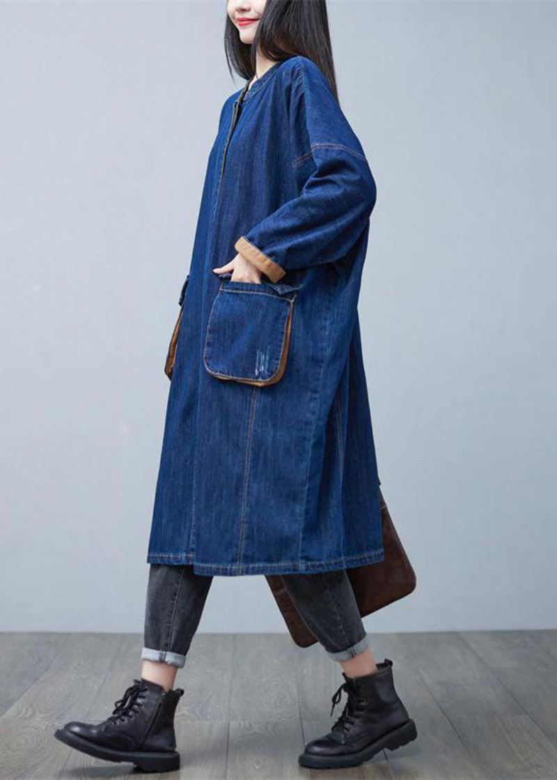 Klassisk Blå Stativ Krage Overdimensjonerte Lommer Bomull Denim Trenchcoat Vår - Trenchcoats for kvinner