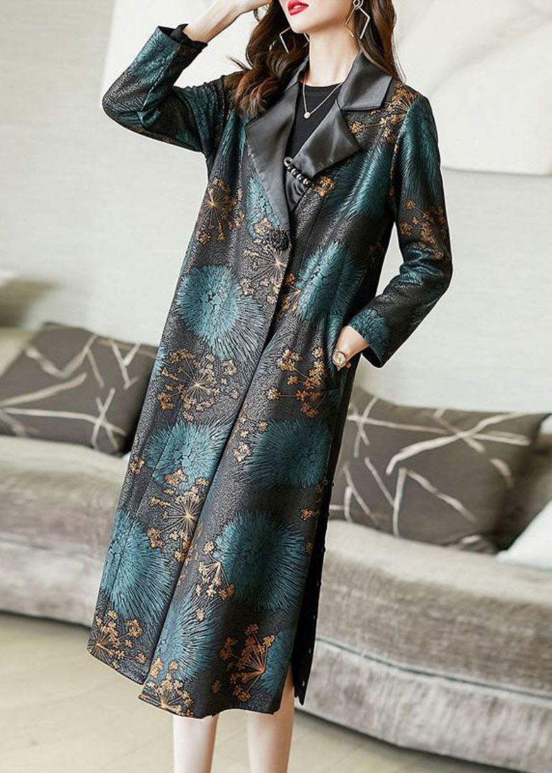 Klassisk Fargeblokk Peter Pan Krage Lommer Print Silk Trench Coat Spring - Trenchcoats for kvinner