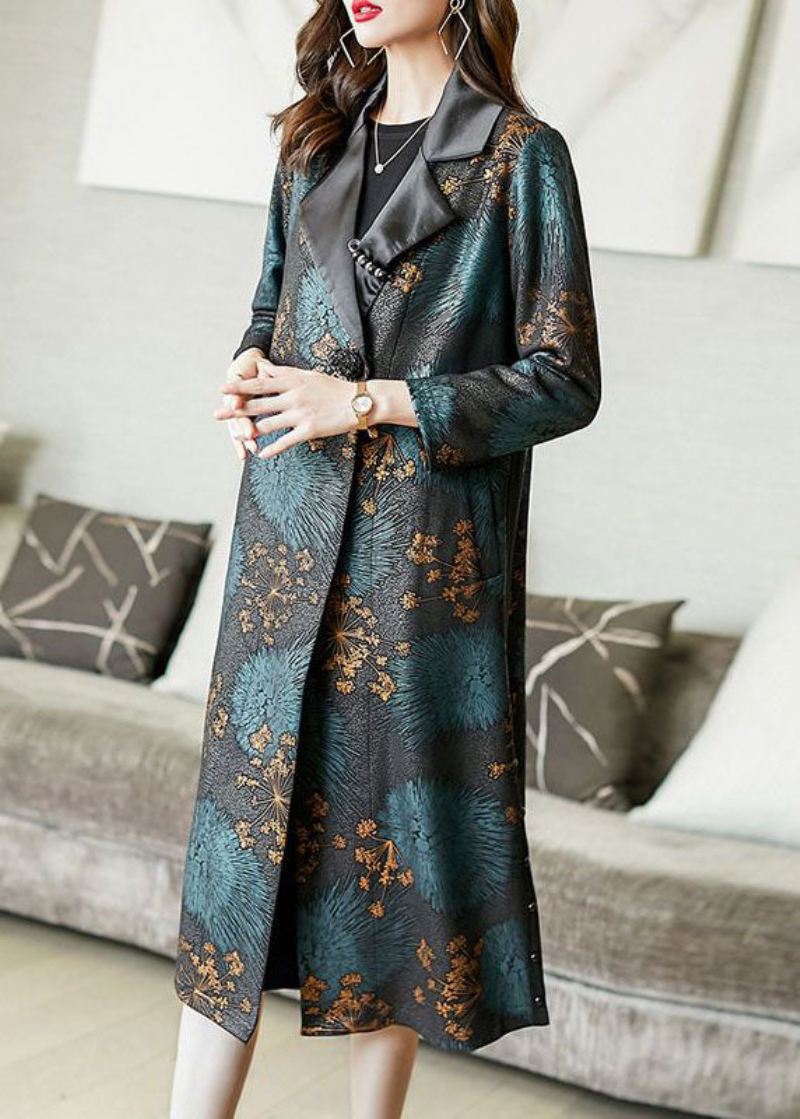 Klassisk Fargeblokk Peter Pan Krage Lommer Print Silk Trench Coat Spring - Trenchcoats for kvinner