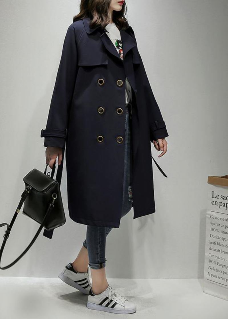 Klassisk Hakk Med Dobbel Bryst Plus Size Trenchcoat Marine Silhuett Yttertøy - Trenchcoats for kvinner