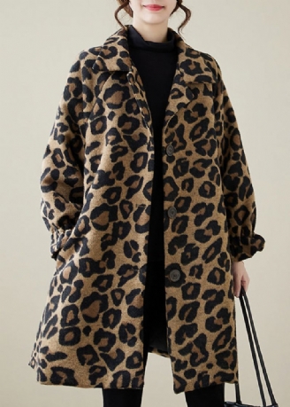 Klassisk Khaki Oversized Leopard Print Ullfrakker Vinter