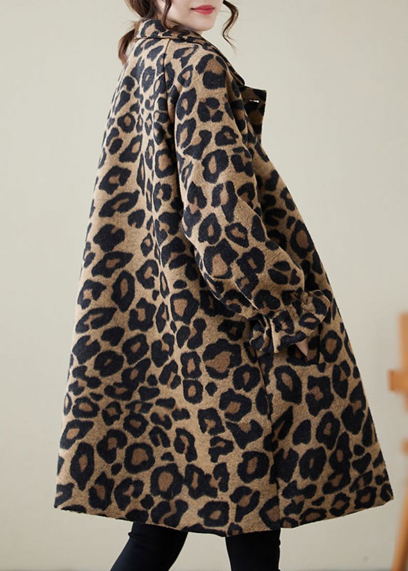 Klassisk Khaki Oversized Leopard Print Ullfrakker Vinter - Trenchcoats for kvinner