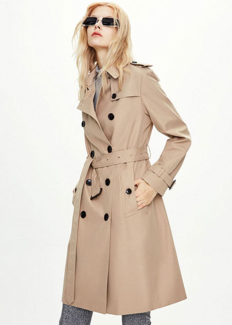 Klassisk Khaki Peter Pan Krage Dobbel Bryst Cotton Cinch Coat Fall - Trenchcoats for kvinner