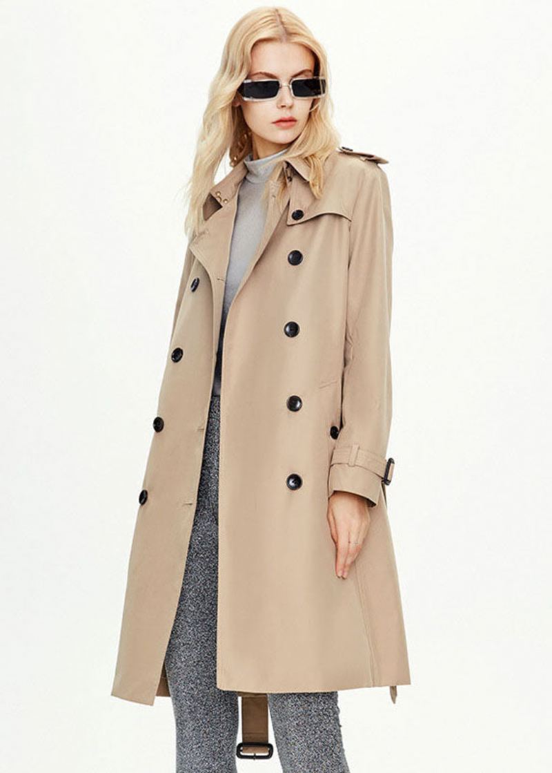 Klassisk Khaki Peter Pan Krage Dobbel Bryst Cotton Cinch Coat Fall - Trenchcoats for kvinner