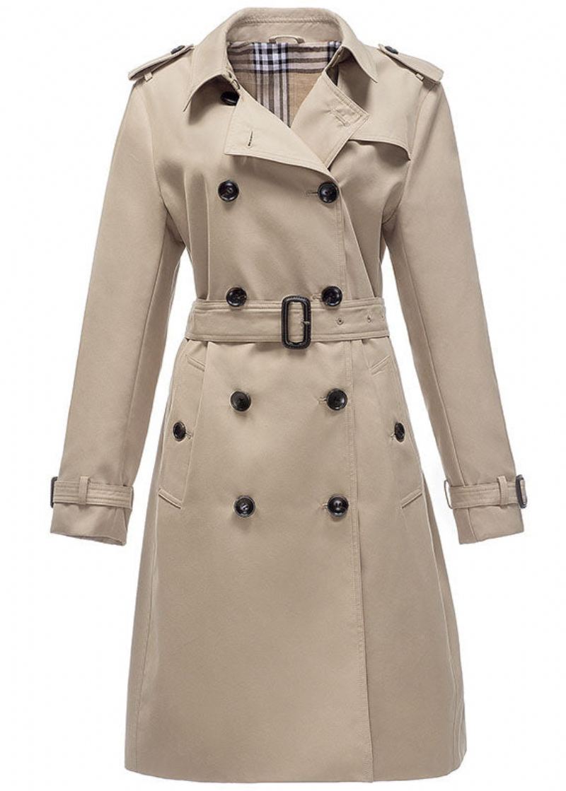 Klassisk Khaki Peter Pan Krage Dobbel Bryst Cotton Cinch Coat Fall - Trenchcoats for kvinner