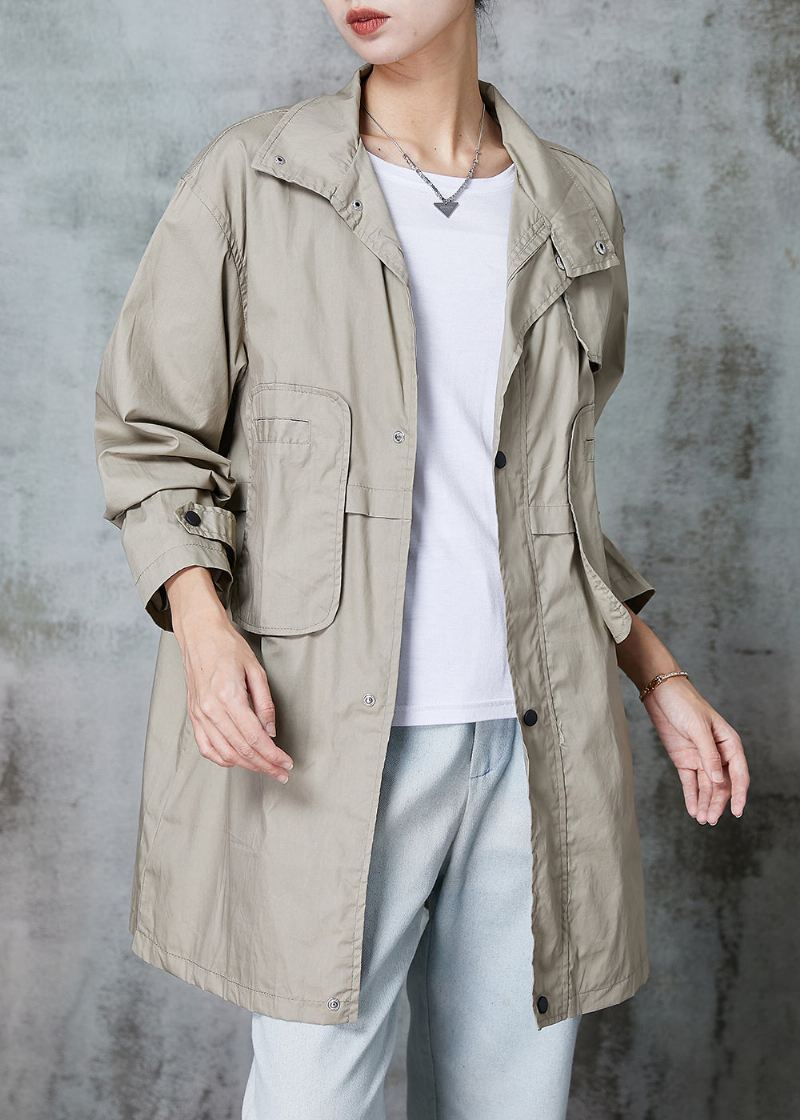 Klassisk Khaki Peter Pan Krage Patchwork Lommer Bomull Trench Spring