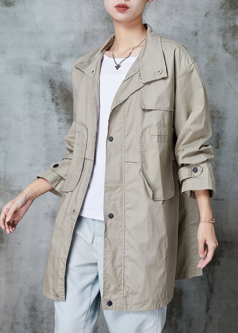 Klassisk Khaki Peter Pan Krage Patchwork Lommer Bomull Trench Spring - Trenchcoats for kvinner