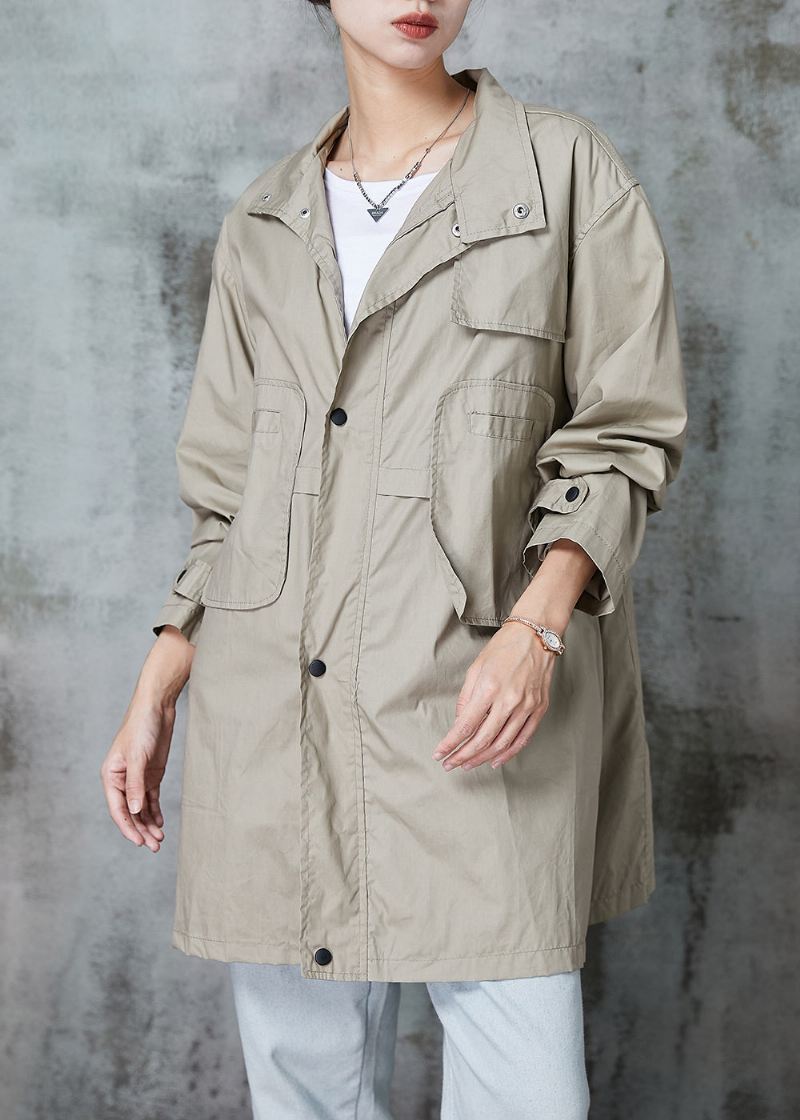 Klassisk Khaki Peter Pan Krage Patchwork Lommer Bomull Trench Spring - Trenchcoats for kvinner