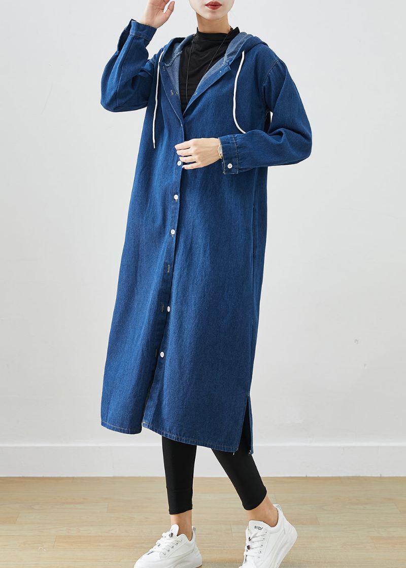 Klassisk Marineblå Hette Og Snøring Denim Frakk Yttertøy Høst - Trenchcoats for kvinner