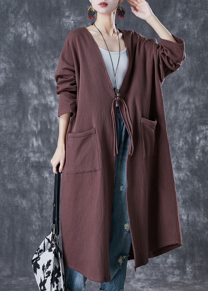 Klassisk Sjokolade Oversized Kinesisk Knapp Lin Lang Cardigan Spring - Trenchcoats for kvinner