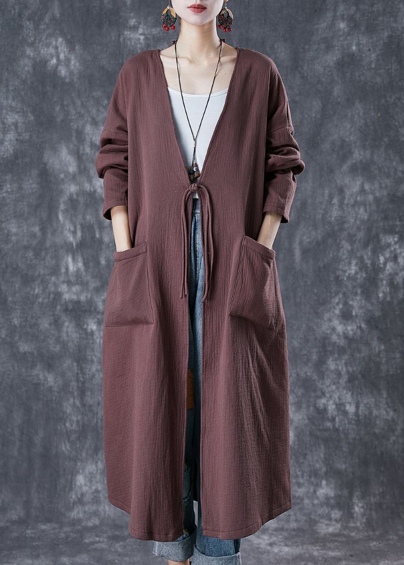 Klassisk Sjokolade Oversized Kinesisk Knapp Lin Lang Cardigan Spring - Trenchcoats for kvinner