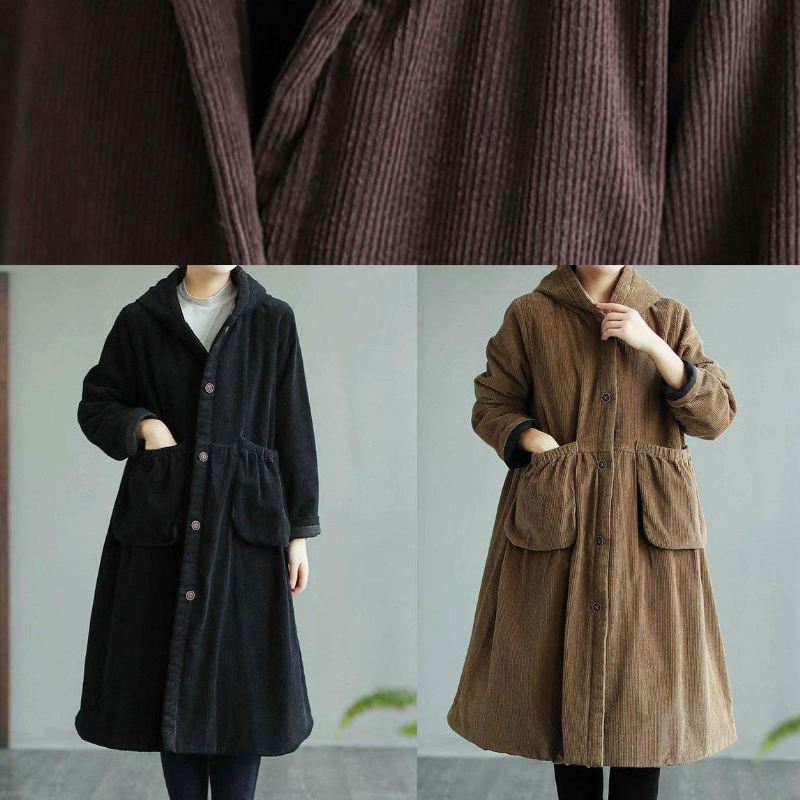 Klassisk Svart Fin Maxi Coat Sying Hettelommer Damefrakker - Khaki