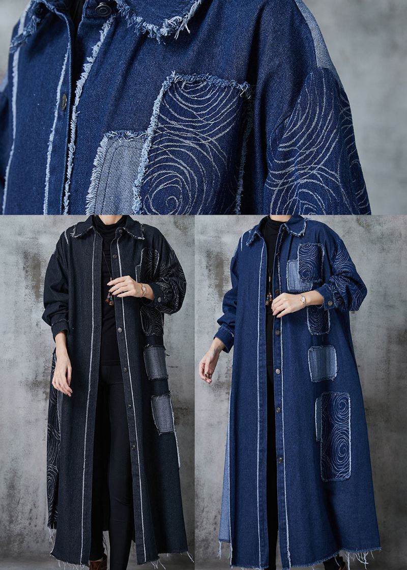 Klassisk Svart Overdimensjonert Patchwork Applikasjon Denim Frakk Vår - Trenchcoats for kvinner