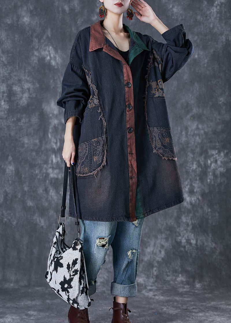 Klassisk Svart Overdimensjonert Patchwork Denim Trench Fall - Trenchcoats for kvinner