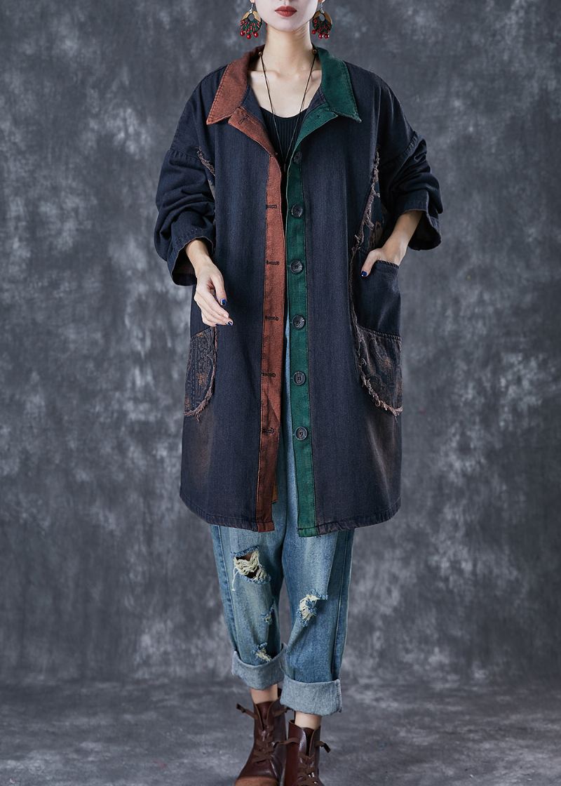 Klassisk Svart Overdimensjonert Patchwork Denim Trench Fall - Trenchcoats for kvinner