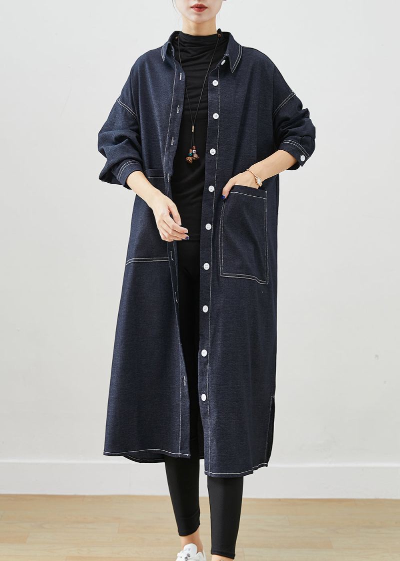 Klassiske Svarte Overdimensjonerte Lommer Sideåpne Denim Trenchcoats Høst - Trenchcoats for kvinner