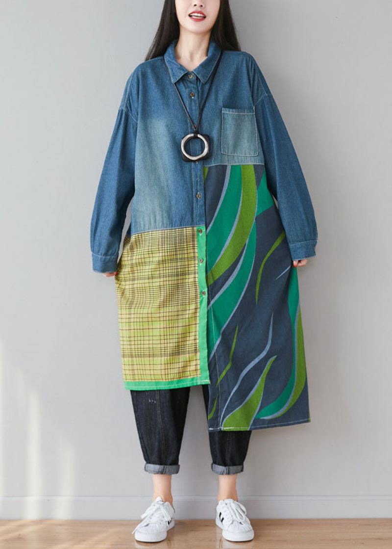 Kvinner Blå Asymmetrisk Patchwork Print Cotton Denim Trench Coats Spring