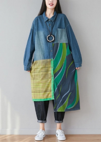 Kvinner Blå Asymmetrisk Patchwork Print Cotton Denim Trench Coats Spring