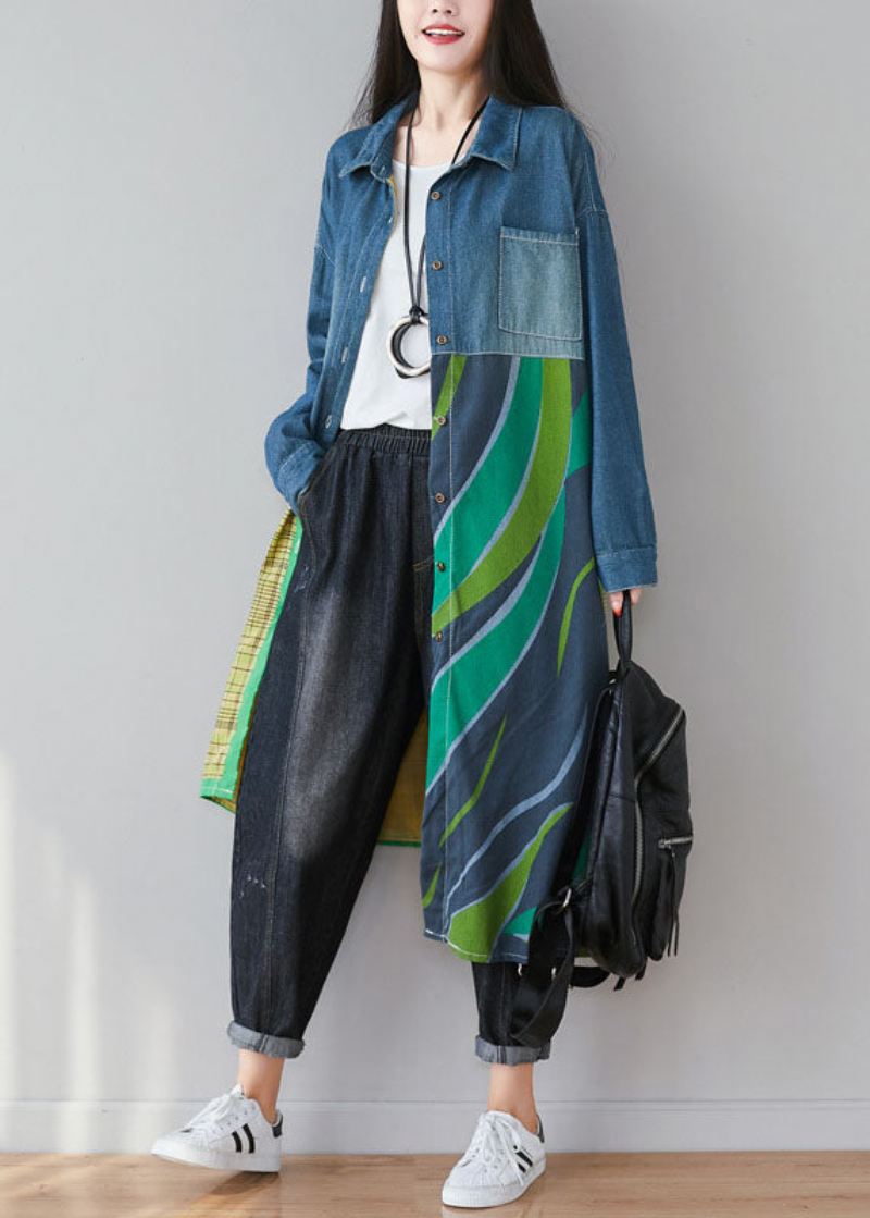 Kvinner Blå Asymmetrisk Patchwork Print Cotton Denim Trench Coats Spring - Trenchcoats for kvinner