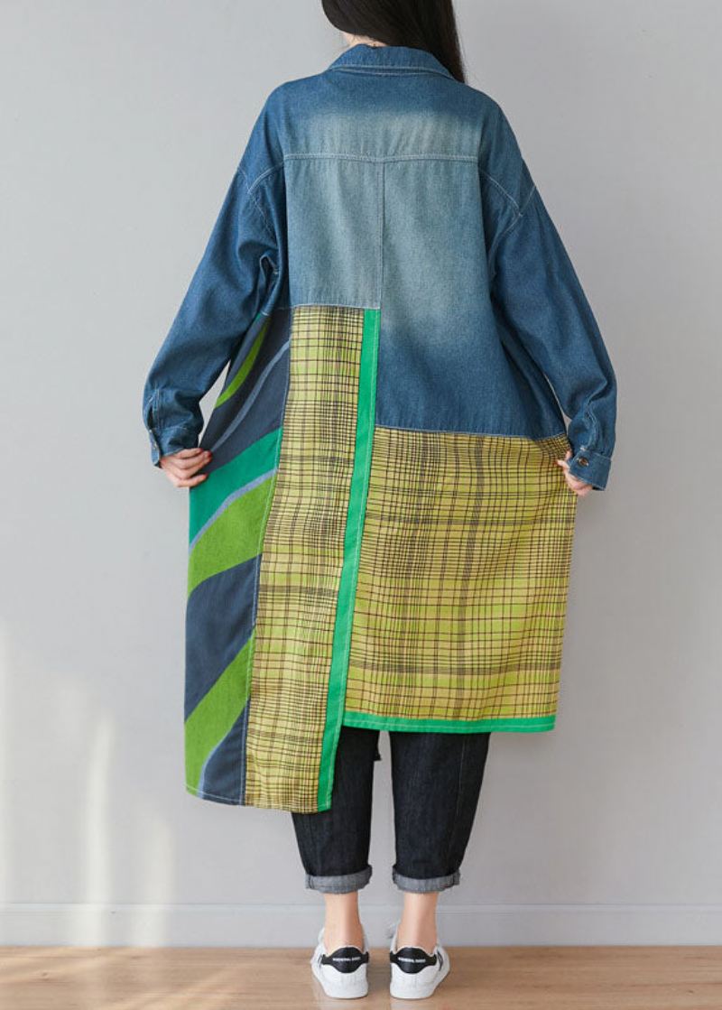 Kvinner Blå Asymmetrisk Patchwork Print Cotton Denim Trench Coats Spring - Trenchcoats for kvinner