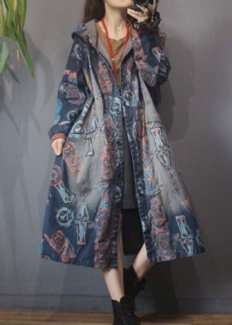 Kvinner Blue Print Knappelommer Bomull Hettegenser Denim Trench Coat Langermet