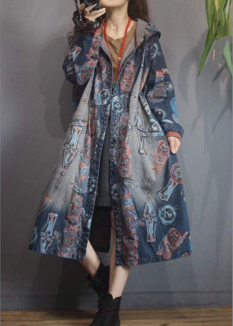 Kvinner Blue Print Knappelommer Bomull Hettegenser Denim Trench Coat Langermet - Trenchcoats for kvinner