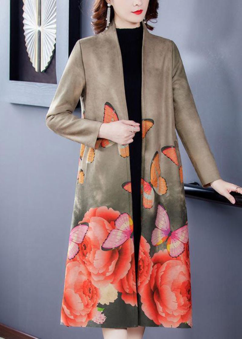 Kvinner Grå V-hals Butterfly Print Faux Suede Coats Langermet